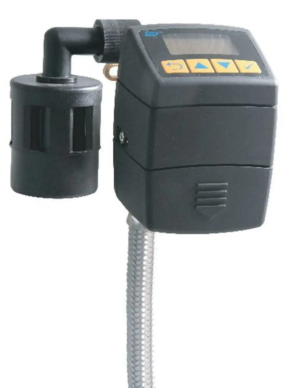 Syr Gerät mit digitalem Display und Steuerelementen. Es verfügt über ein internes Element mit Schlitzen zur Wasserstromkontrolle, verbunden durch einen flexiblen Schlauch.